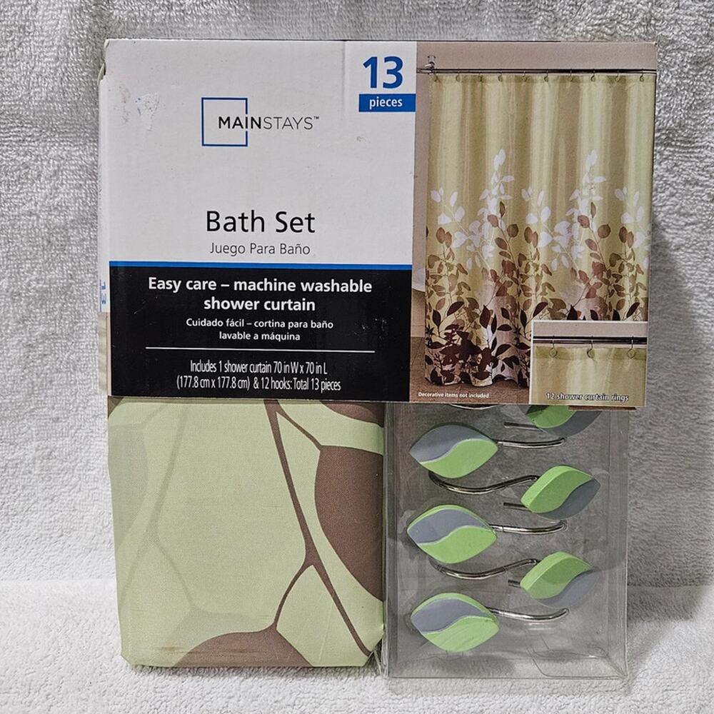 Mainstays Green Brown Botanical Shower Curtain 13 Piece Bath Set 70x70